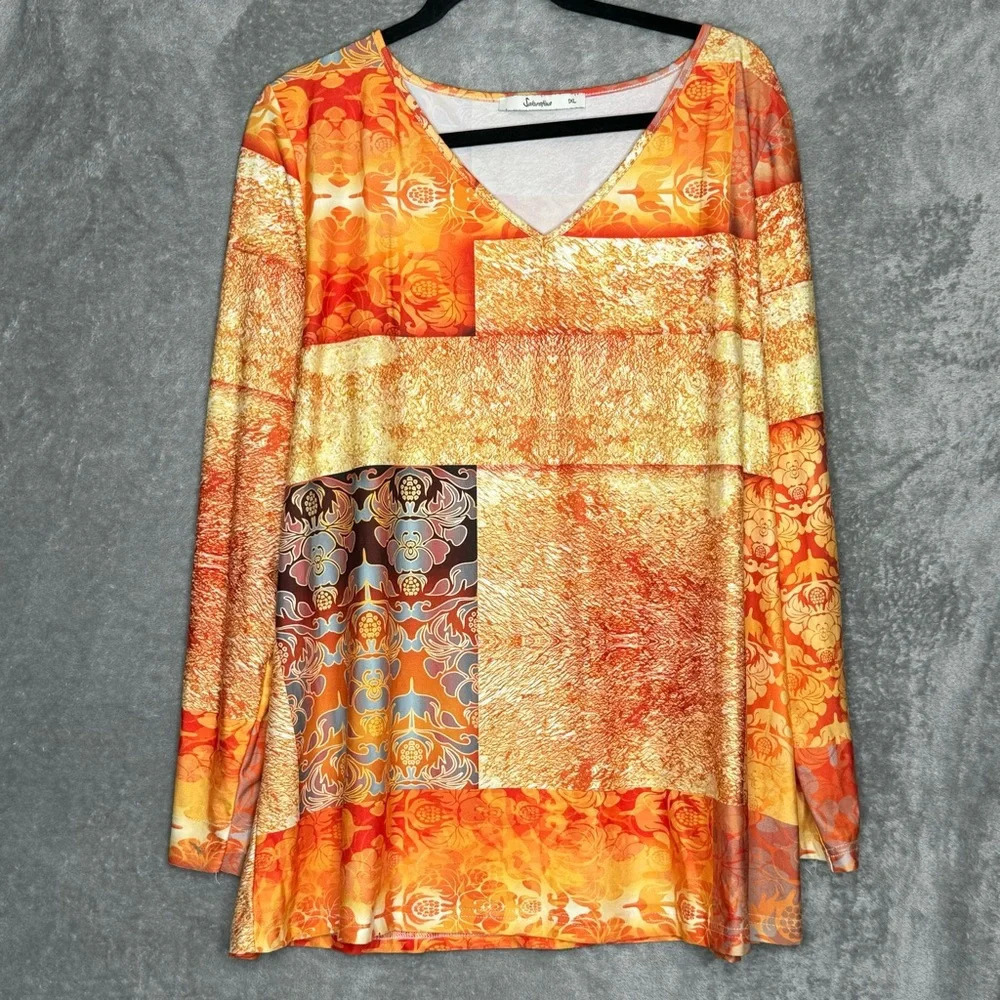 Sakurafiua 1X Shirt Top Orange Yellow Paisley Long Sleeve V Neck Stretch Women